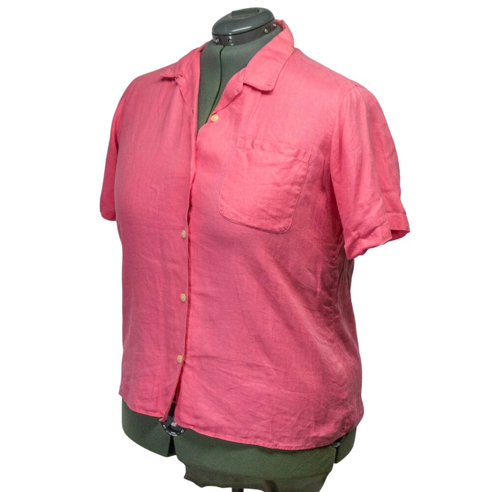 LL BEAN Womens Coral Pink 100% Linen Button Up Shirt Short Sleeve Preppy Lg